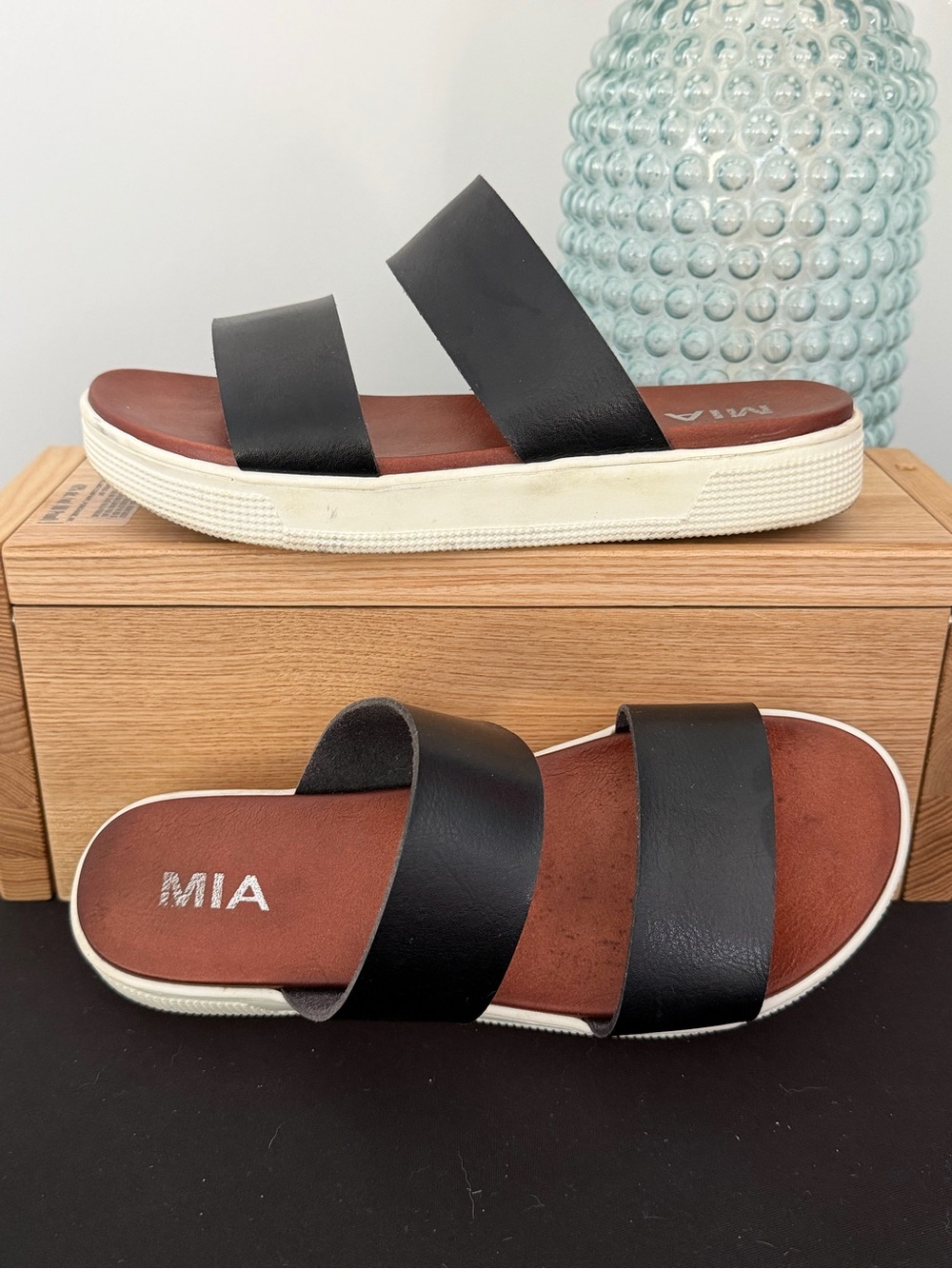 MIA Saige Black Double-Band Slide Sandals with White Platform